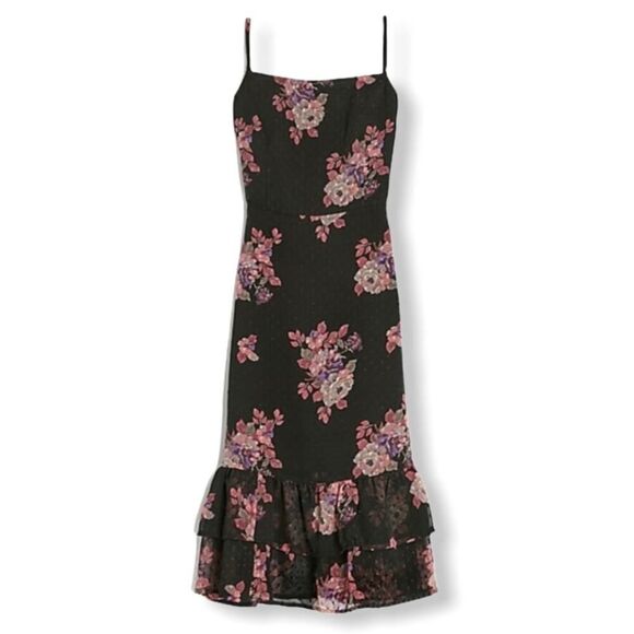 Express Dresses & Skirts - Express Black Floral Clip Dot Tiered Midi Dress